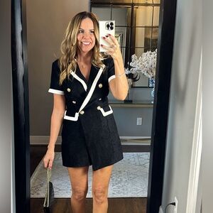 English Factory Black and White Terry Cloth Blazer Romper with Gold Buttons